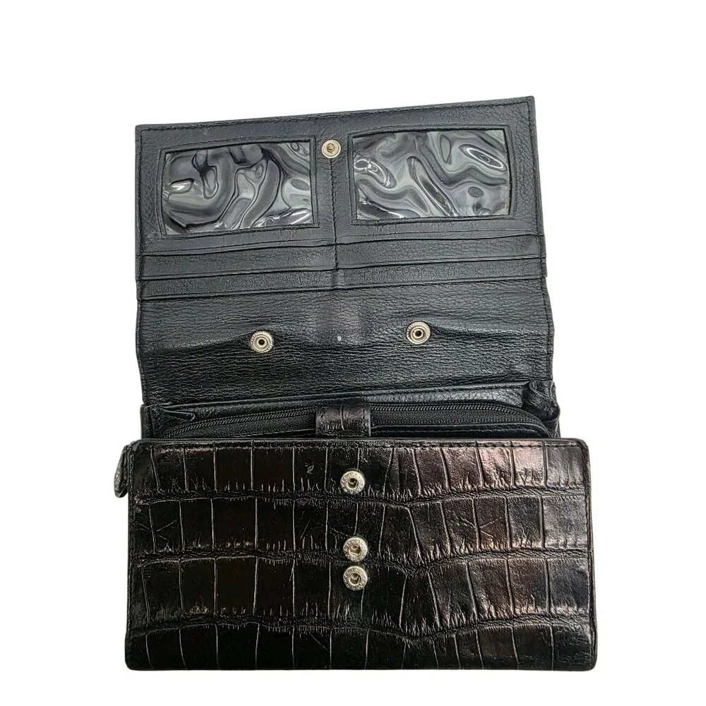 Brighton Black Croc Embossed Leather Wallet‎ With Silver Accent